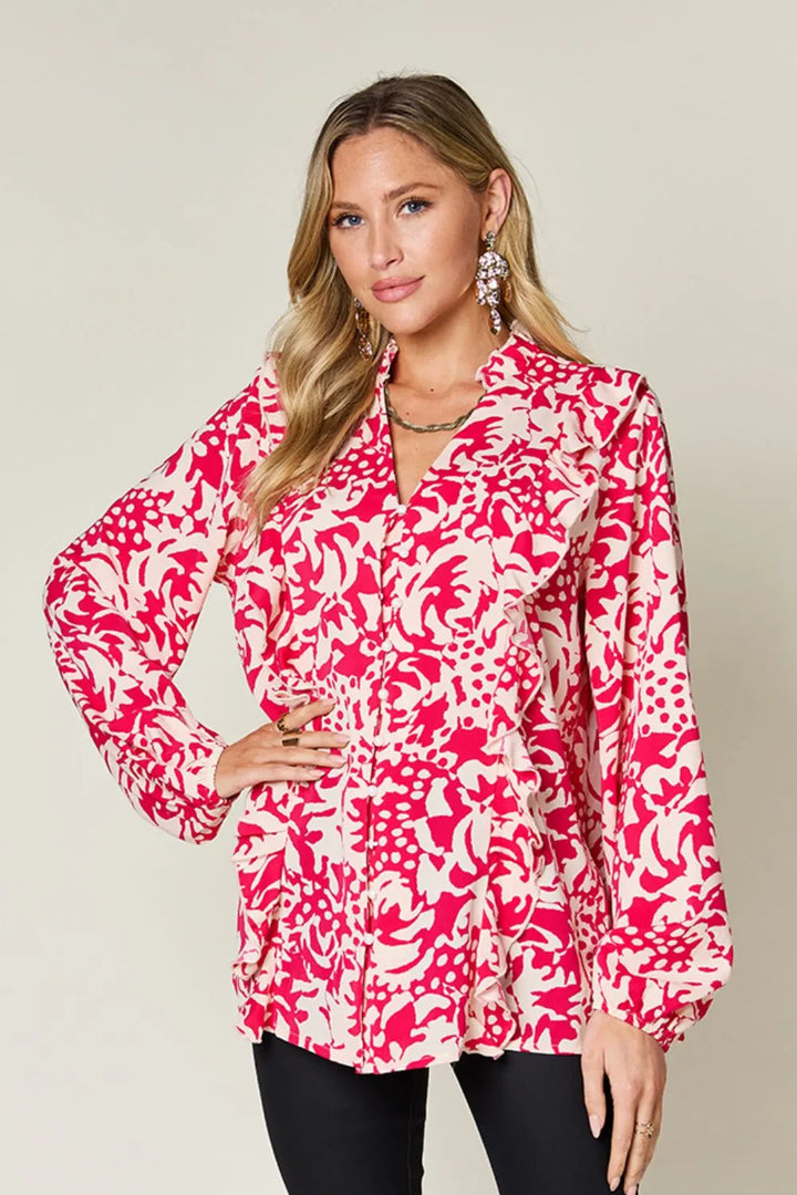 Hot Pink Printed balloon sleeve button-down shirt with ruffle trim