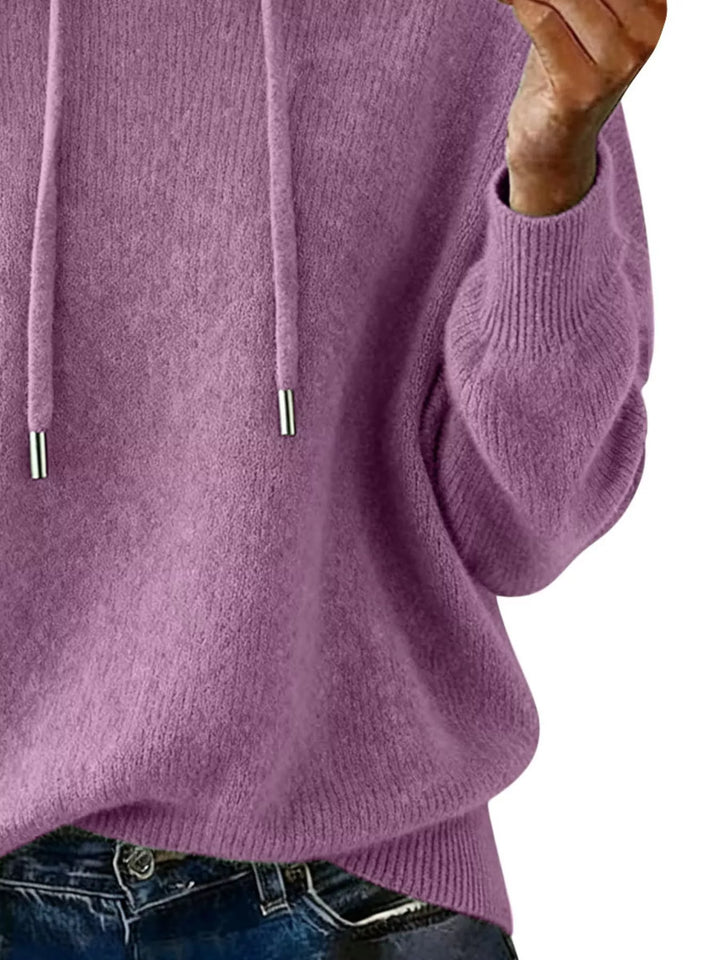 Drawstring hooded knit sweater with ribbed cuffs