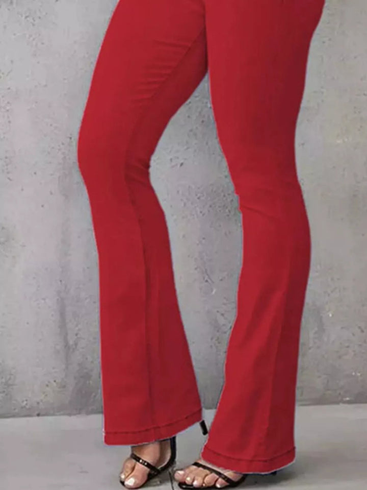 High-rise stretch flare jeans with double-button waist