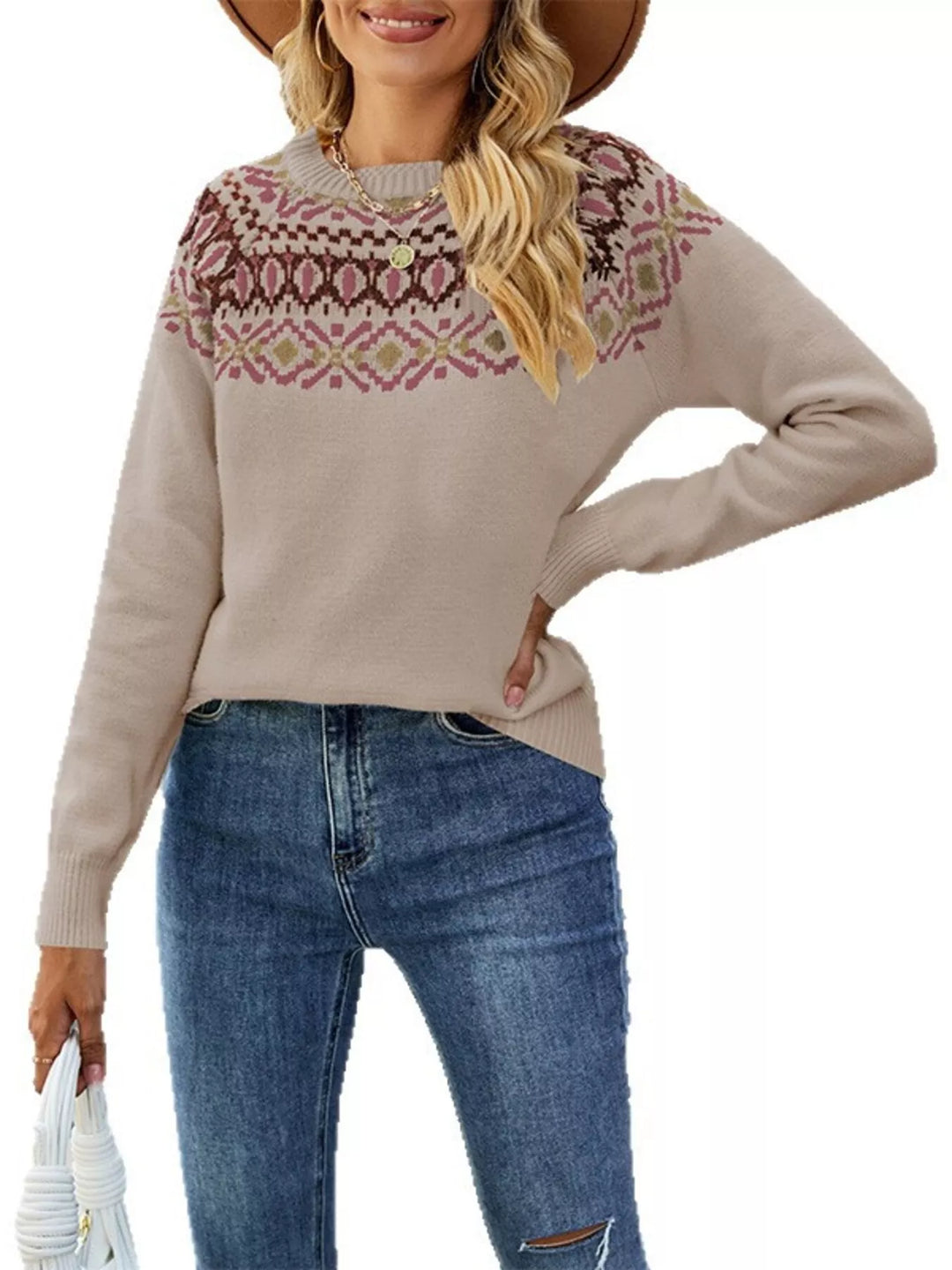 Fair Isle knit crew neck sweater with ribbed cuffs