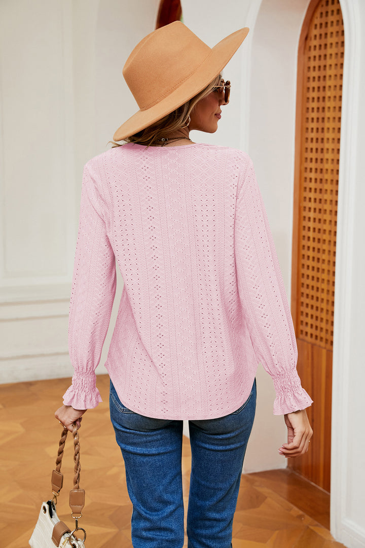 Contrast crochet V-neck eyelet blouse with flounce cuffs