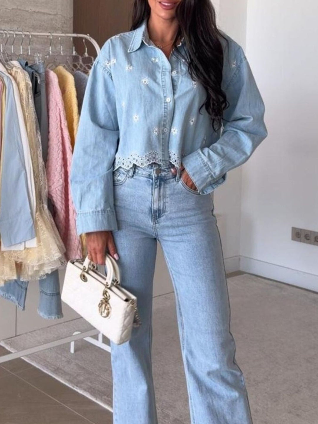 Light Blue Floral embroidered cropped denim shirt with scalloped hem