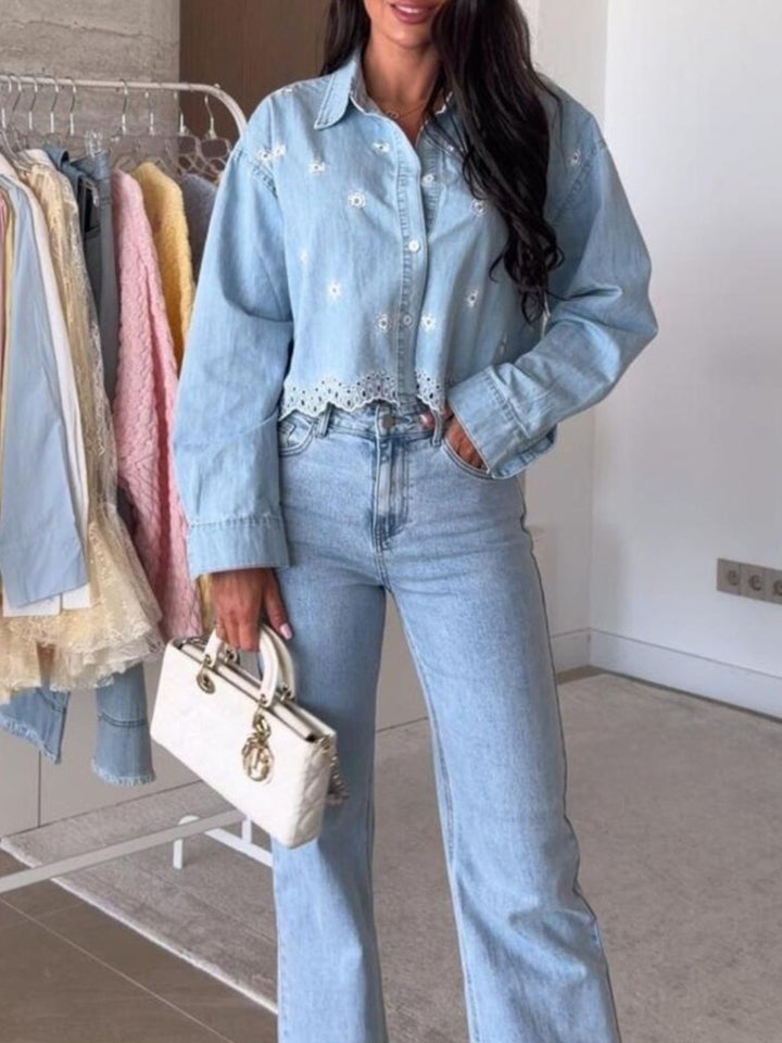 Light Blue Floral embroidered cropped denim shirt with scalloped hem