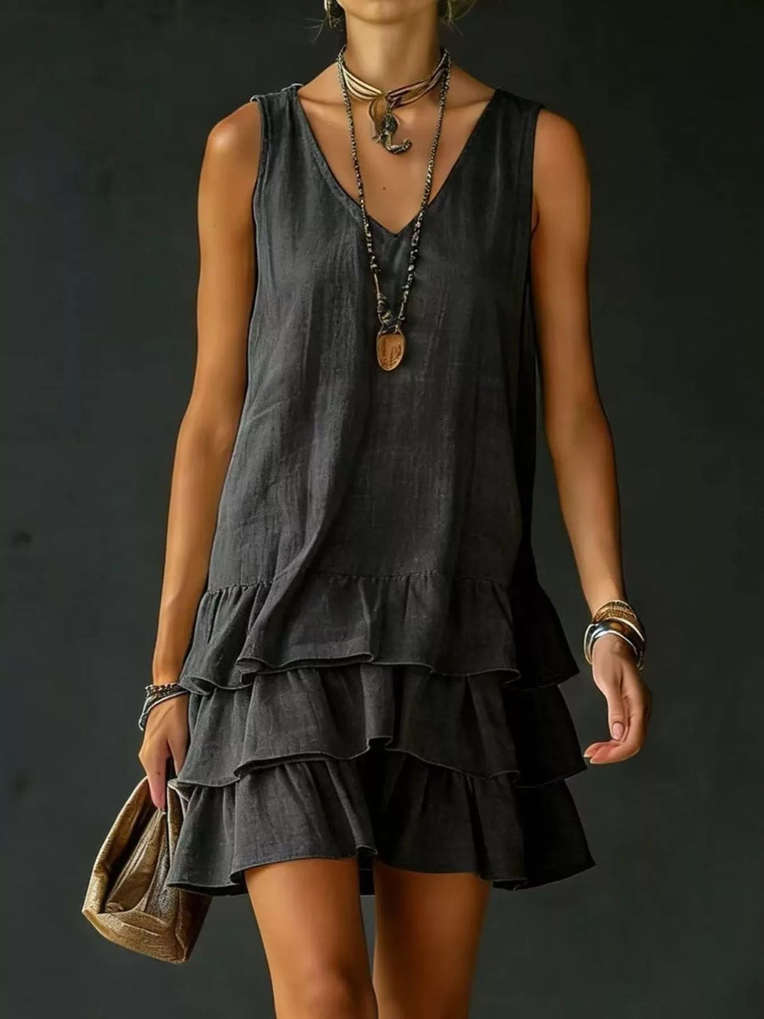Black Tiered ruffle hem V-neck sleeveless mini dress