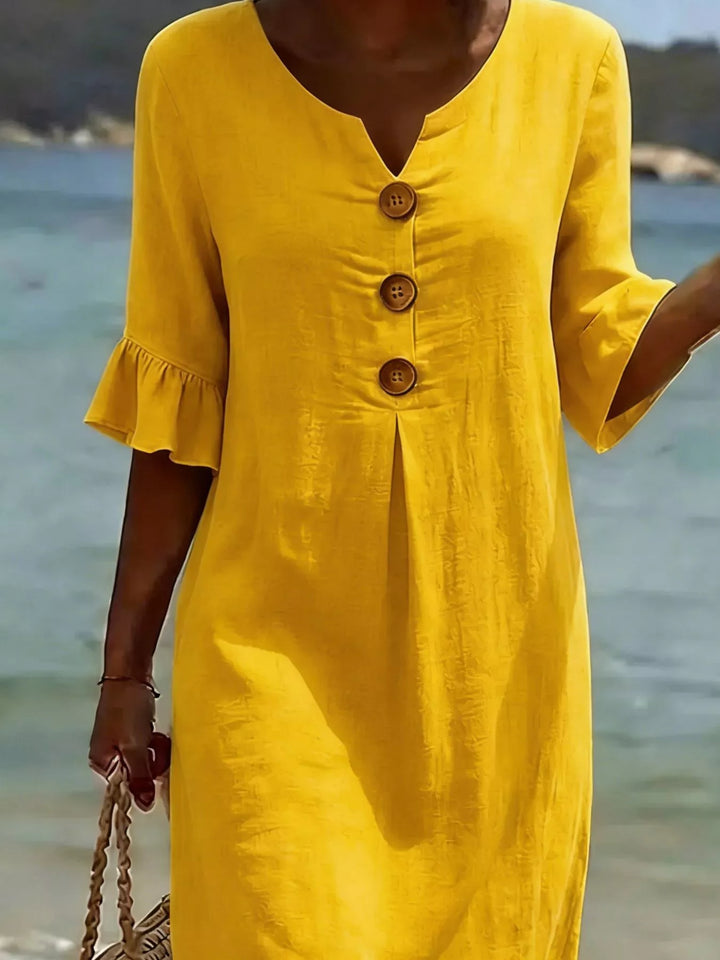 Yellow Flounce sleeve button-front pleated midi dress