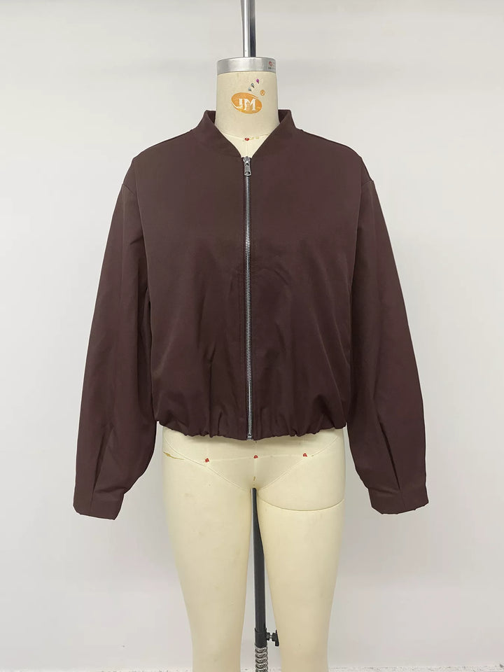 Dropped shoulder zip-up bomber jacket with band collar