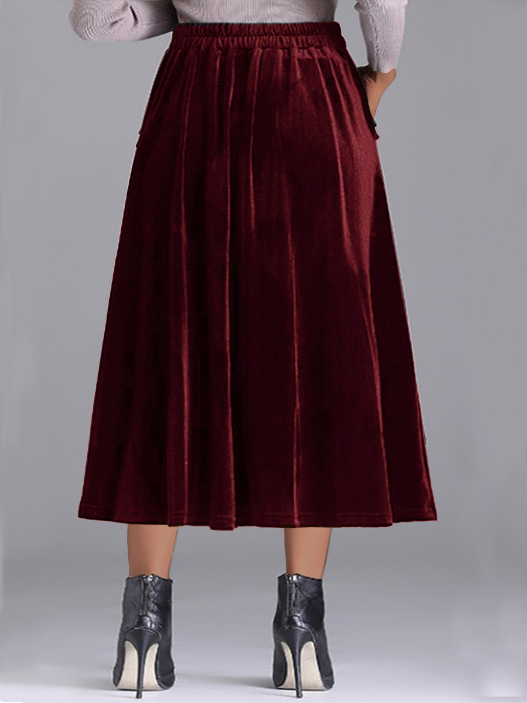 Plus size velvet A-line midi skirt with side pocket