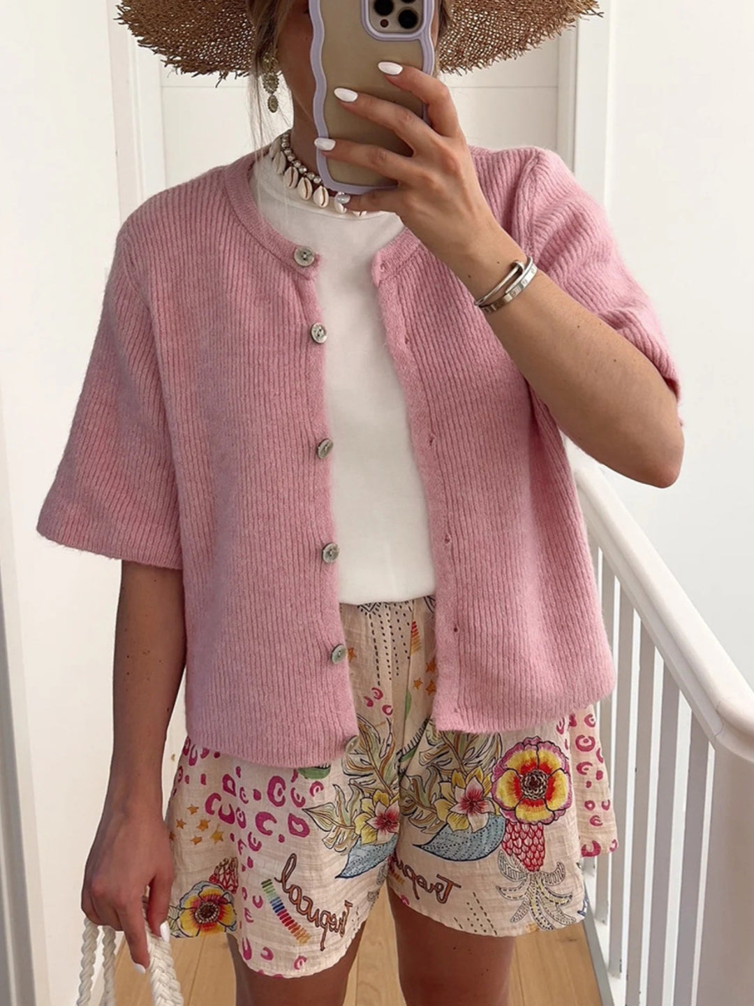 Dusty Pink Ribbed knit short-sleeve button-down cardigan