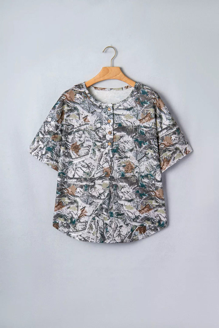 Abstract woodland print henley tunic top with pocket