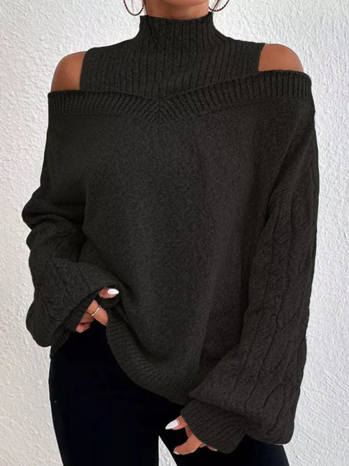 Black Cold-shoulder cable-knit turtleneck sweater