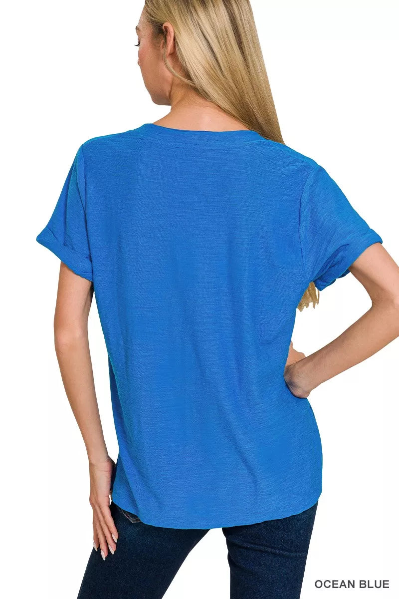 Slub knit rolled short-sleeve V-neck tee with side slits