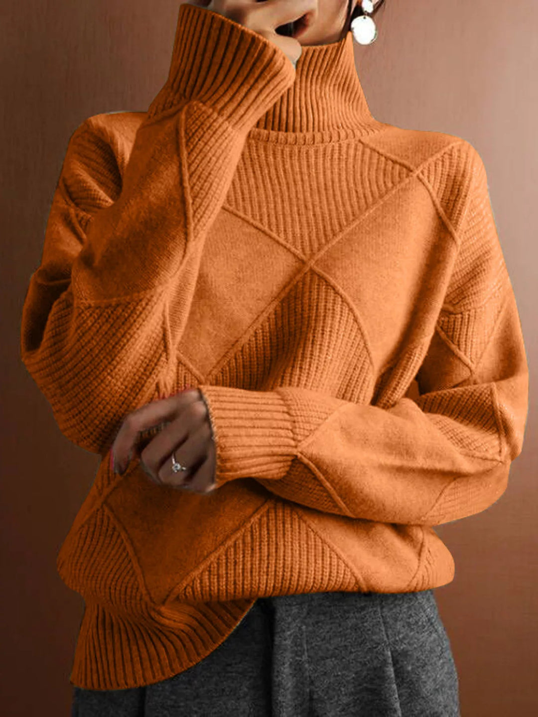 Orange Textured argyle knit turtleneck sweater with ribbed cuffs