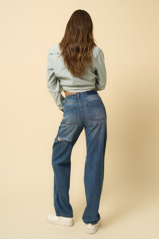 Avalon Distressed High Rise Straight Leg Jeans