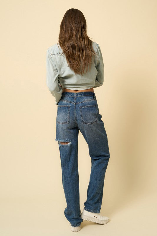Avalon Distressed High Rise Straight Leg Jeans