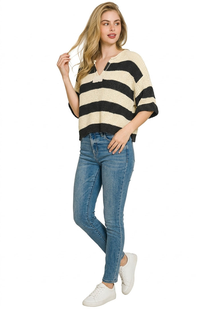 Wide-stripe split-neck ribbed knit sweater with short sleeves