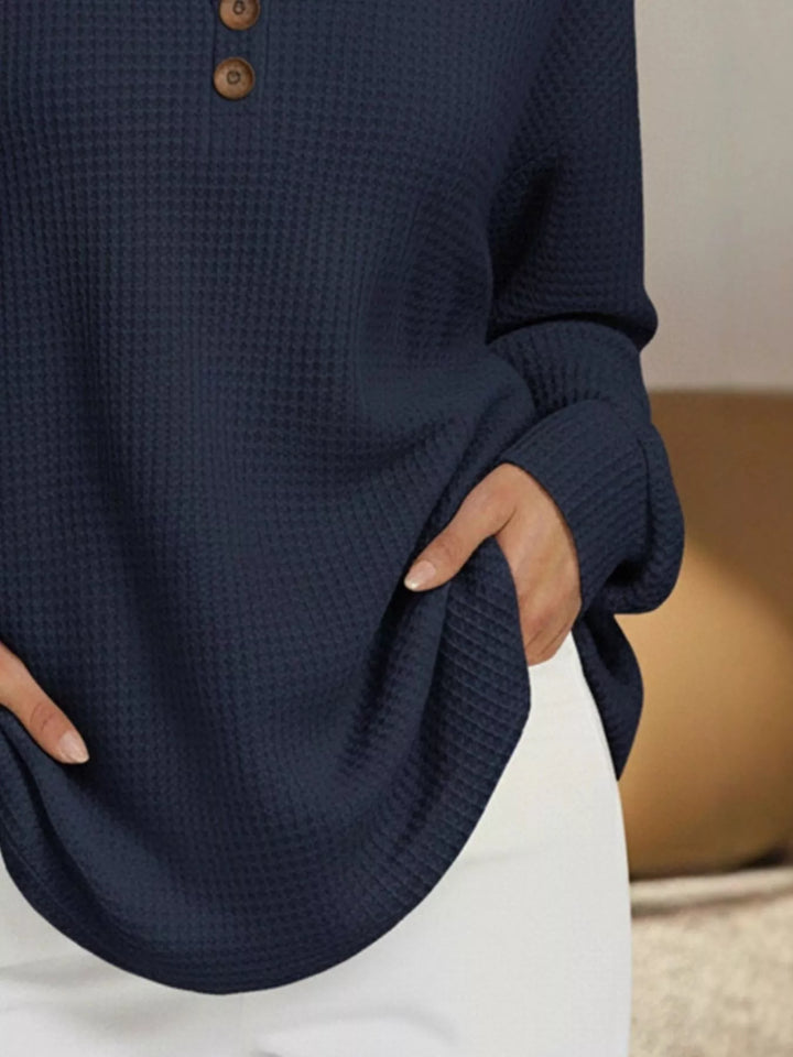Waffle knit henley top with V-neck button placket
