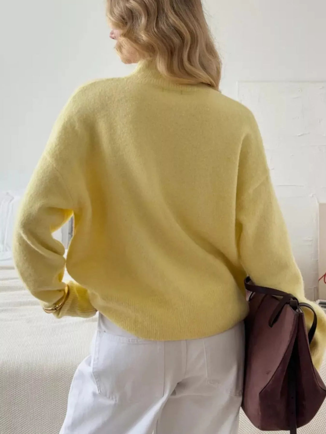 Ribbed mock neck dropped shoulder knit sweater
