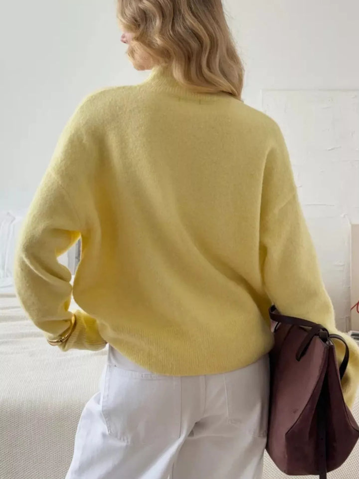 Ribbed mock neck dropped shoulder knit sweater