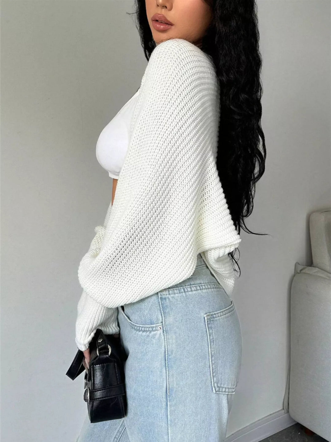 Cropped ribbed knit open-front cardigan with balloon sleeves