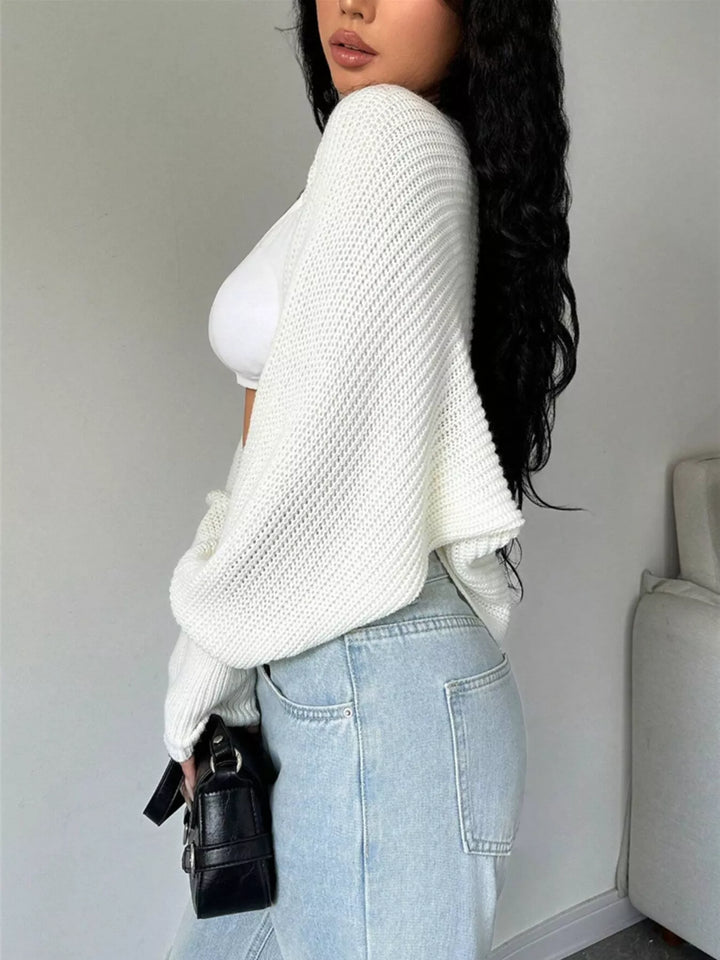 Cropped ribbed knit open-front cardigan with balloon sleeves