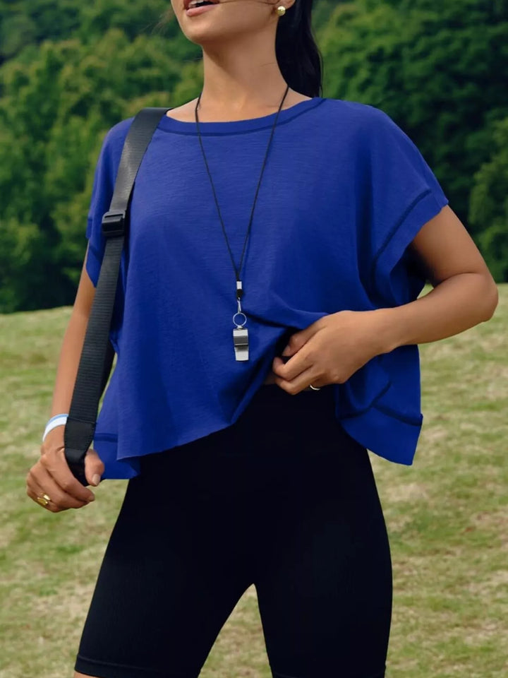 Royal Blue Cutout back boxy crew neck tee with exposed seams