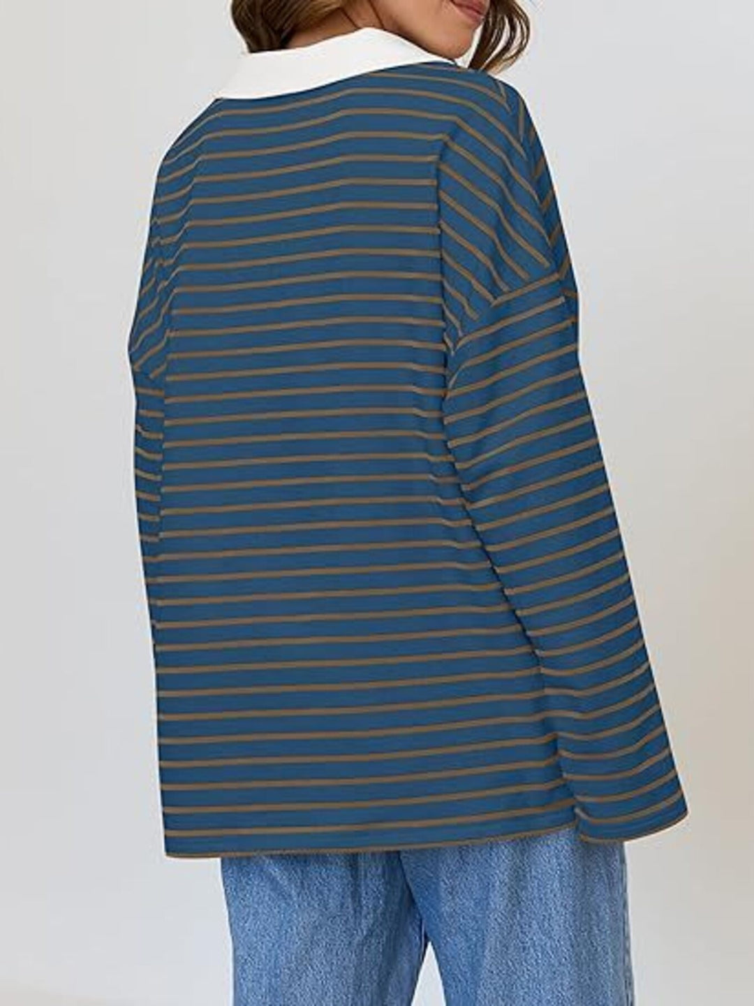 Striped oversized long sleeve top with contrast collar
