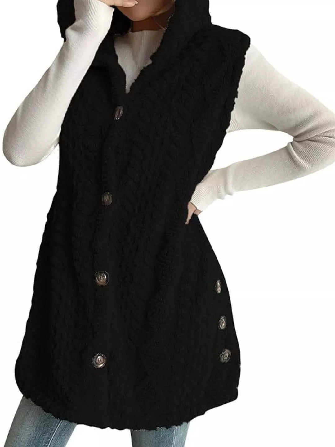 Textured sherpa hooded vest with button front