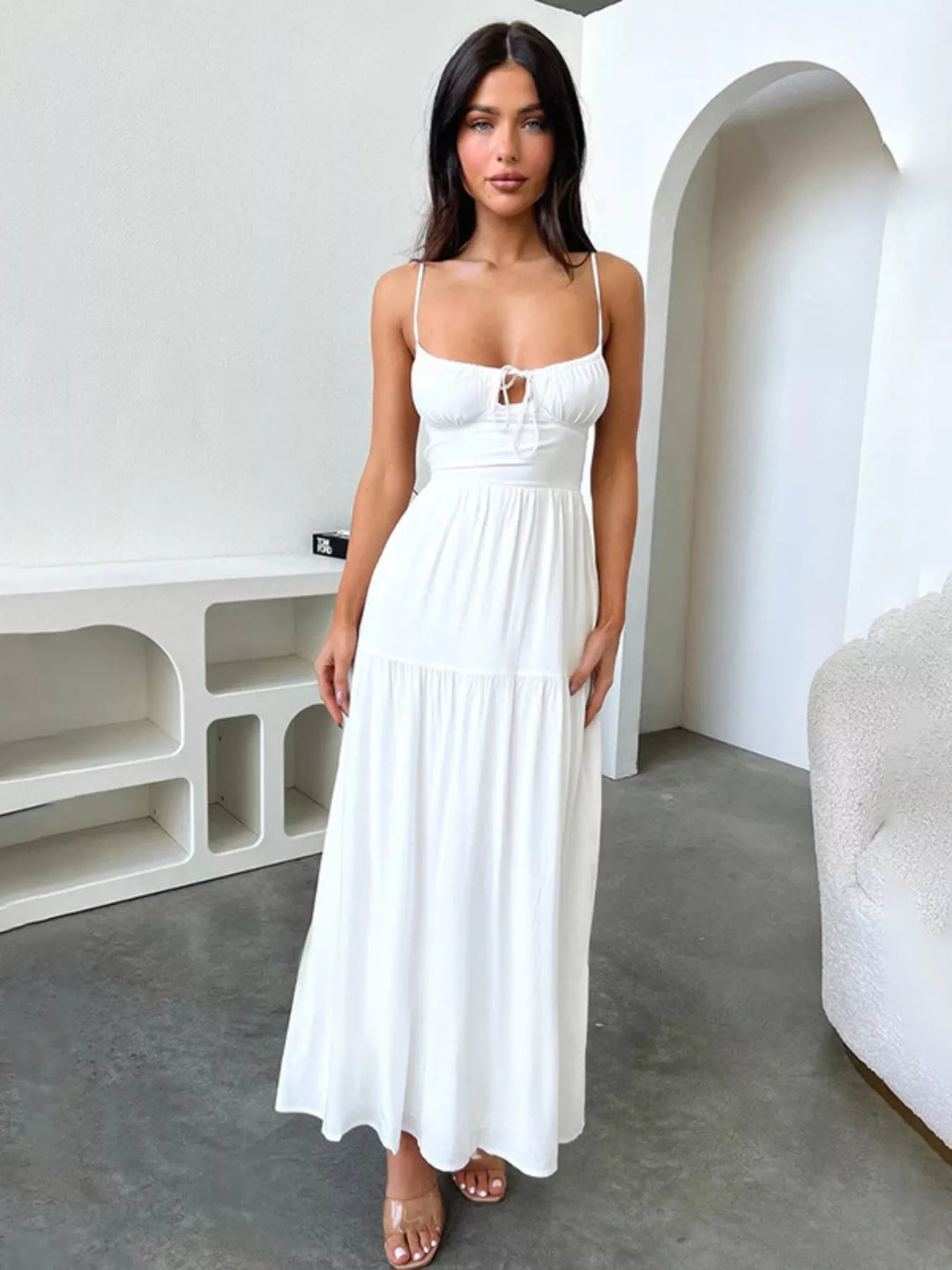 White Backless lace-up spaghetti strap tiered maxi dress