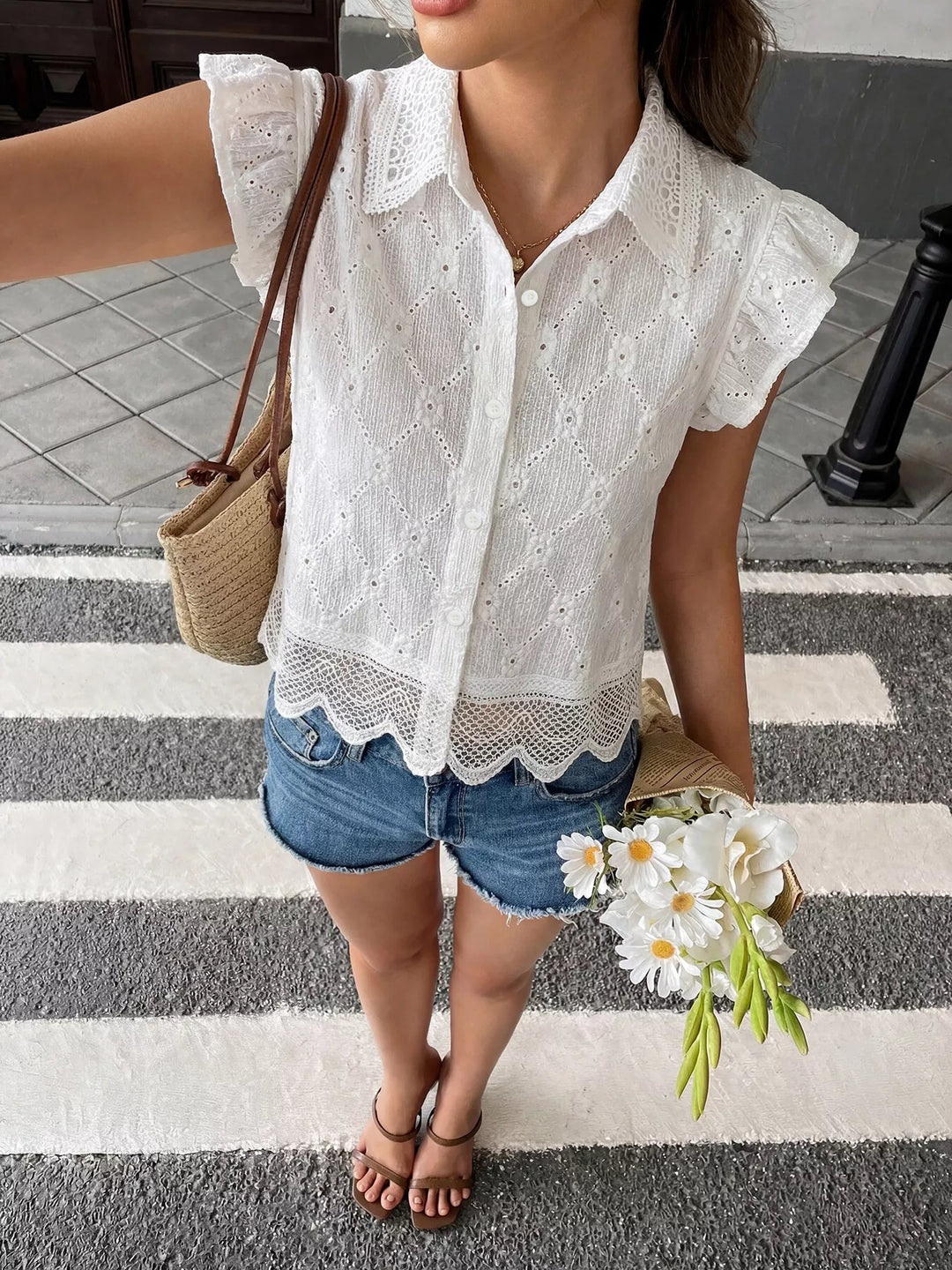 White Eyelet ruffle-sleeve button-up crop top with scalloped lace hem