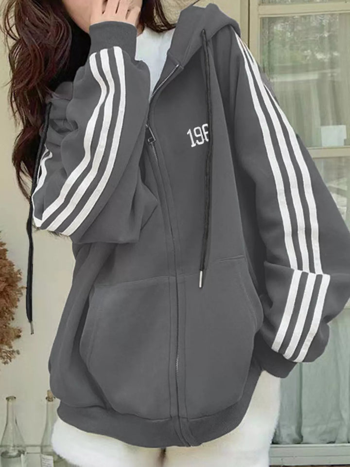 Dark Gray Oversized zip-up hoodie with striped sleeves and drawstring hood
