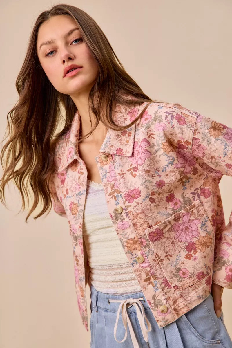 Cropped floral cotton twill barn jacket with patch pockets