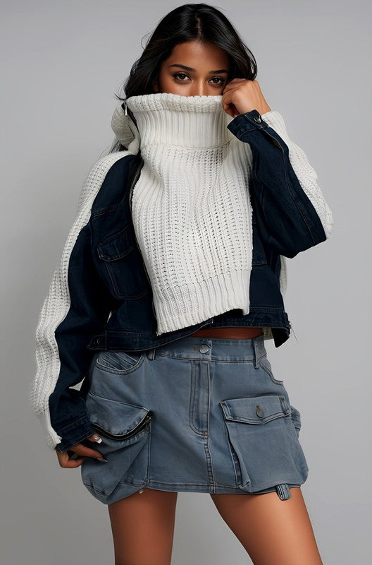 Riviera Mixed Media Denim Knit Turtleneck Jacket