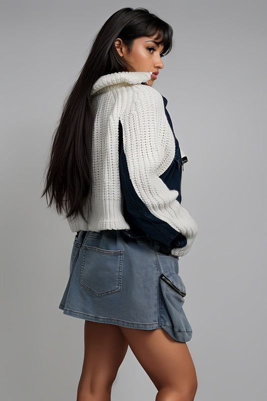 Riviera Mixed Media Denim Knit Turtleneck Jacket