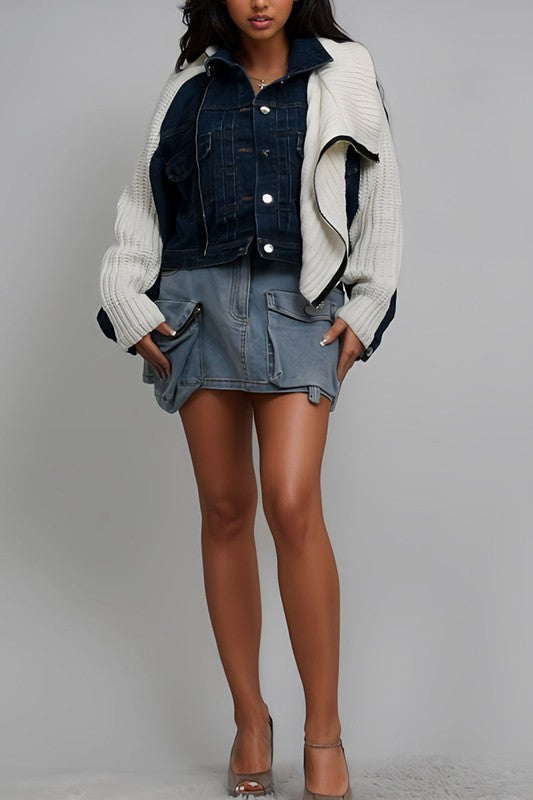 Riviera Mixed Media Denim Knit Turtleneck Jacket