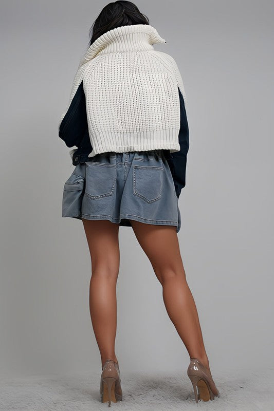 Riviera Mixed Media Denim Knit Turtleneck Jacket