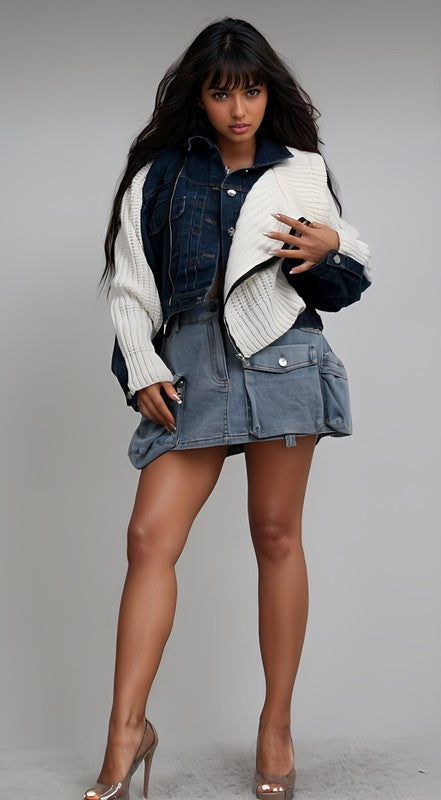 Riviera Mixed Media Denim Knit Turtleneck Jacket