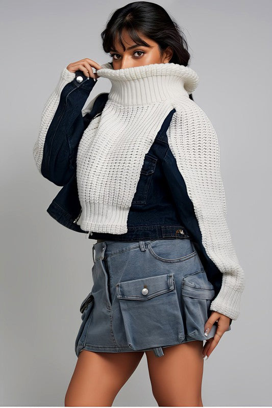 Riviera Mixed Media Denim Knit Turtleneck Jacket