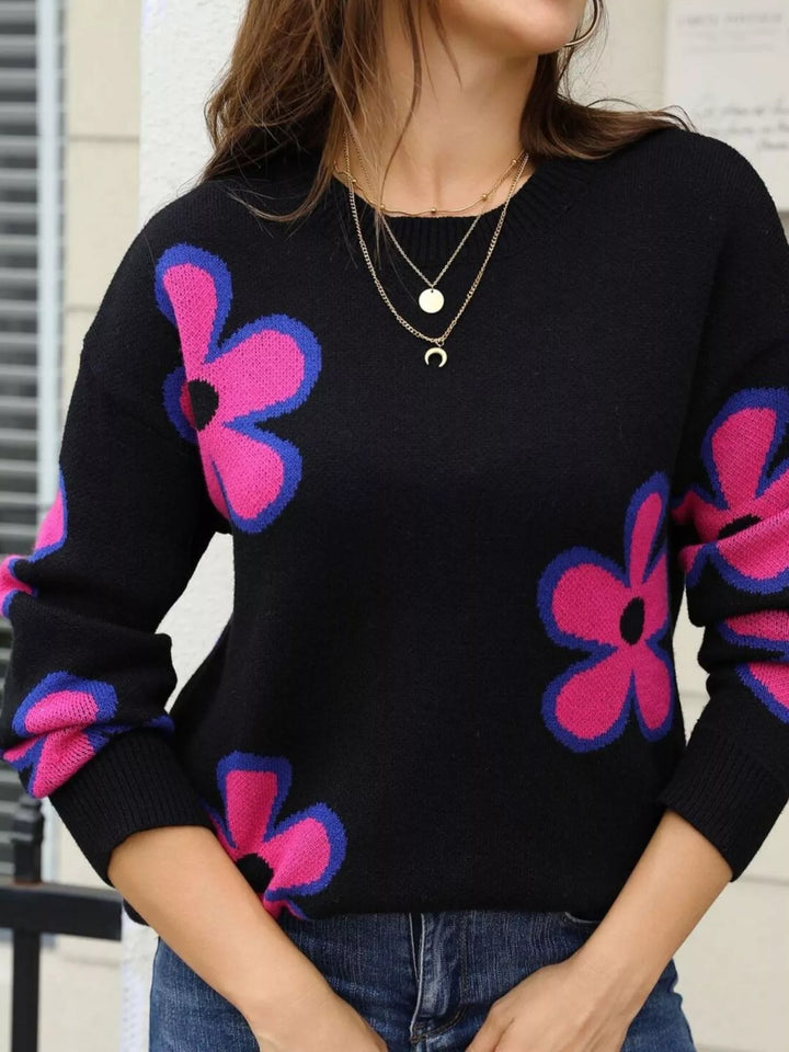Floral crew neck knit sweater with ribbed cuffs