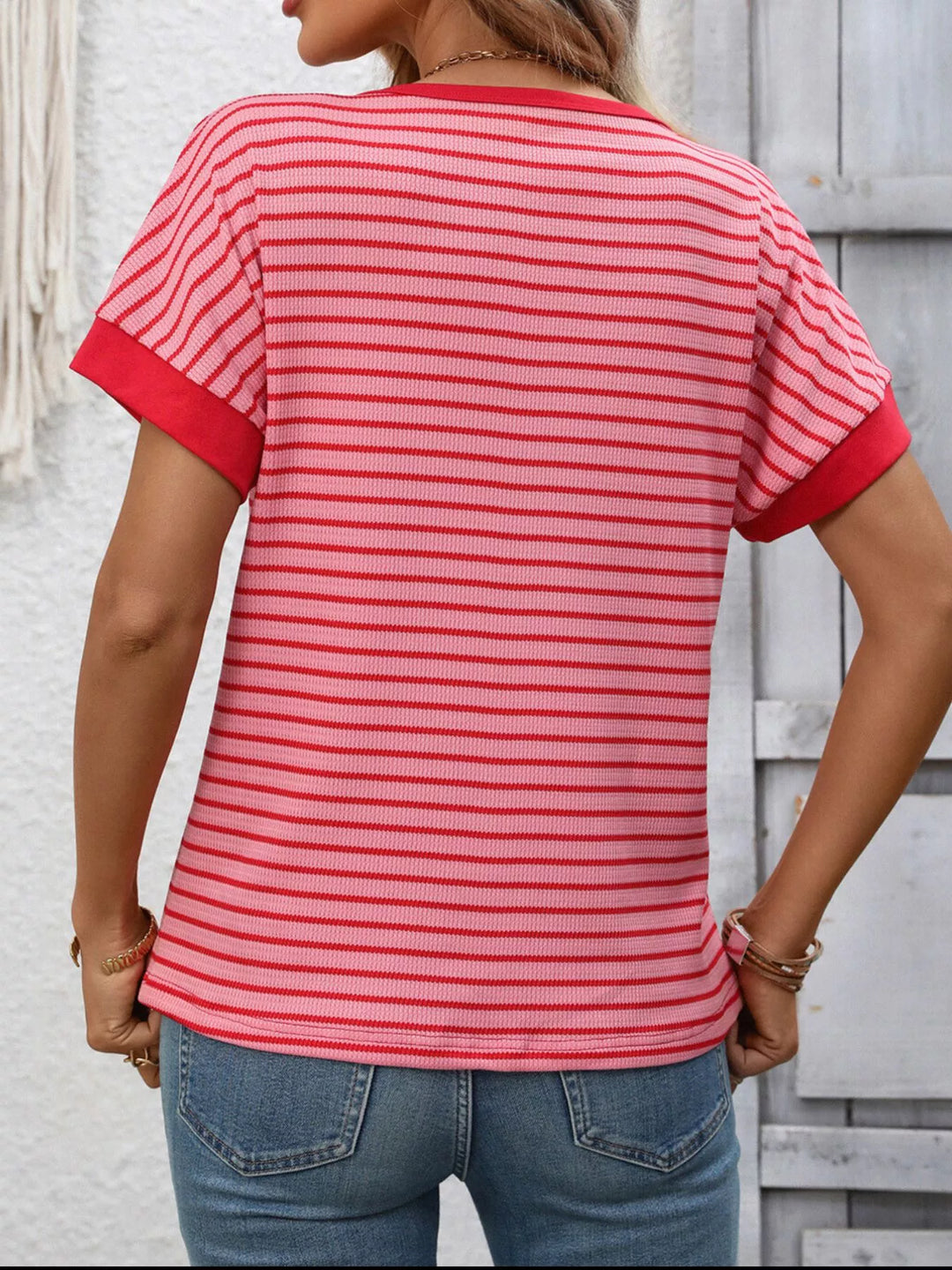 Striped short sleeve knit tee with contrast trim