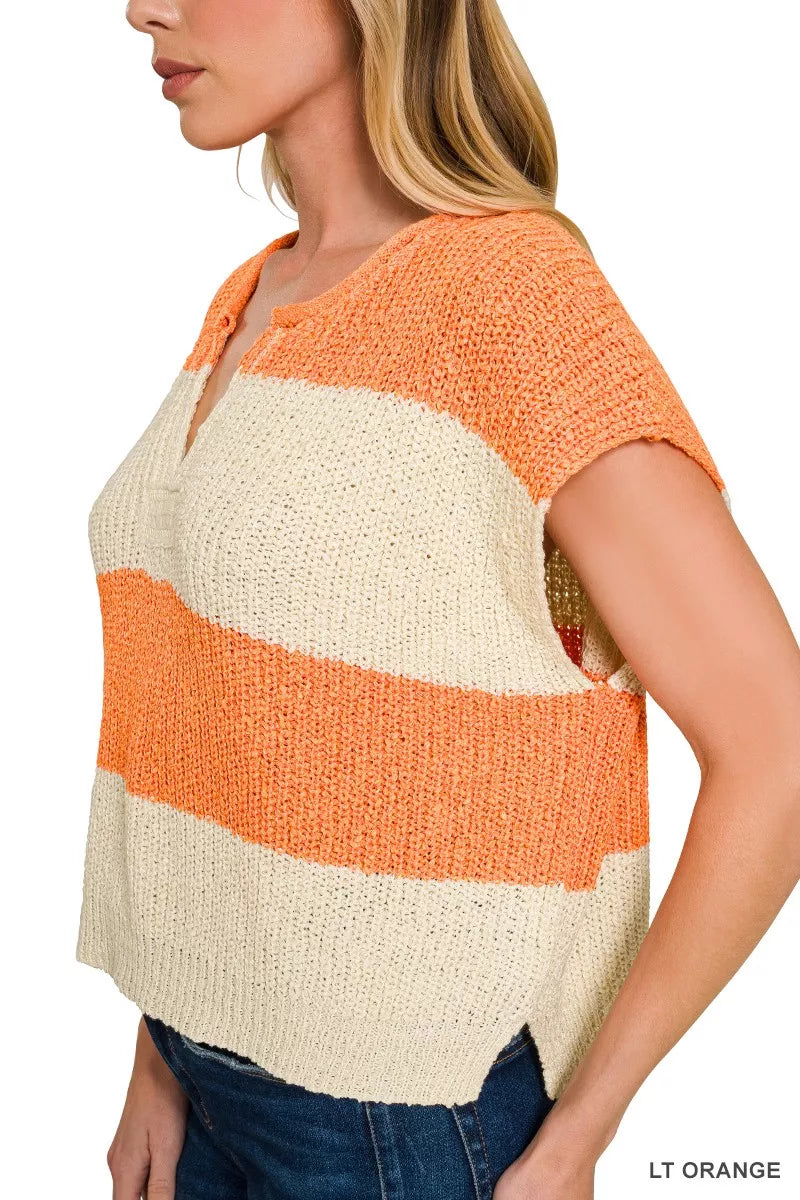 Color-block stripe split-neck short sleeve sweater