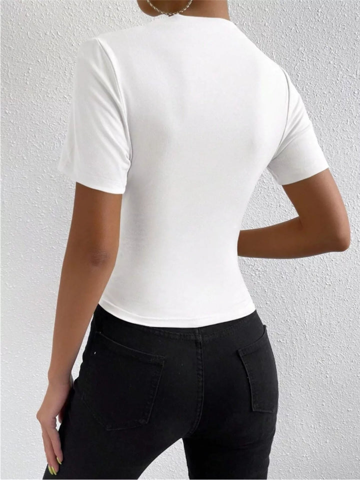 Ruched asymmetric short sleeve fitted top