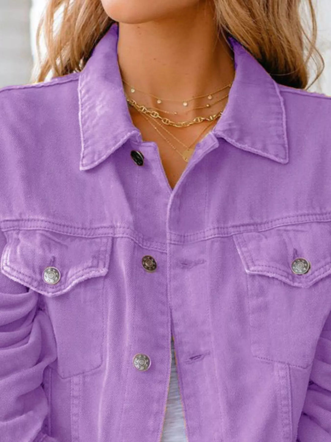 Cropped button-up denim jacket with chest pockets