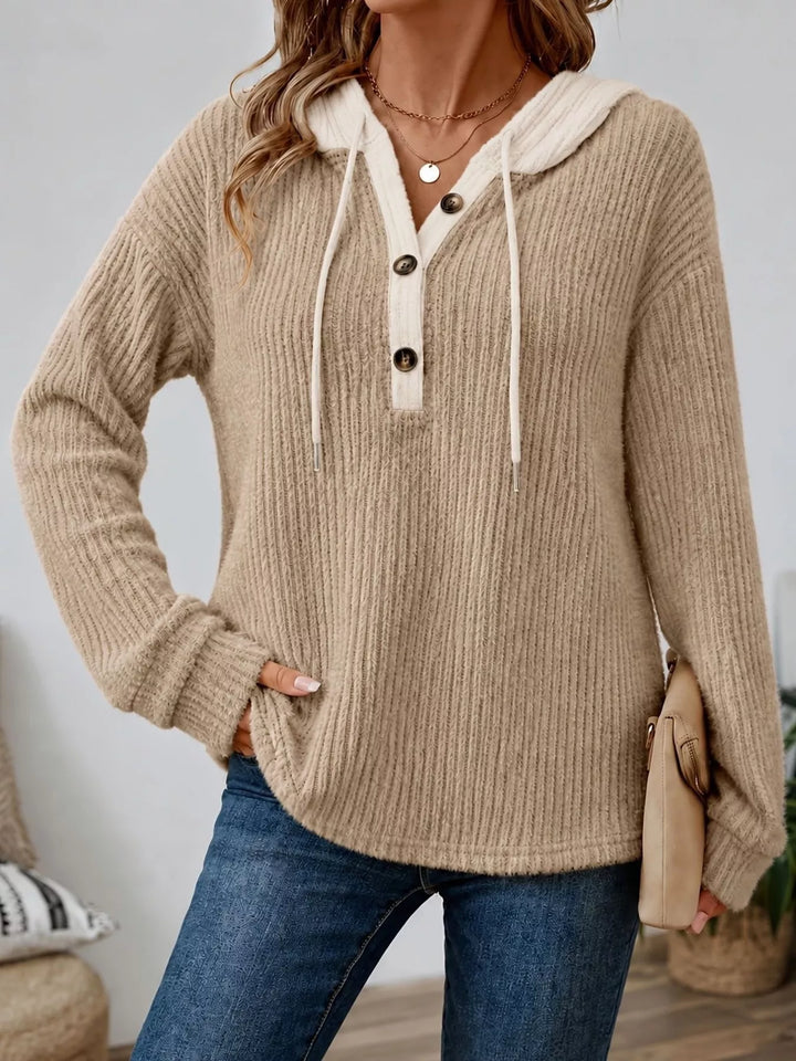 Khaki Ribbed knit drawstring hoodie with button henley placket