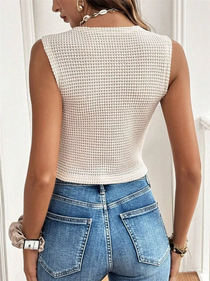 Waffle-knit sleeveless button-front vest top