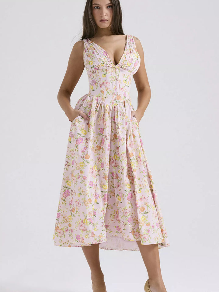 Floral 2 Sleeveless V-neck midi dress with fitted bodice and pockets