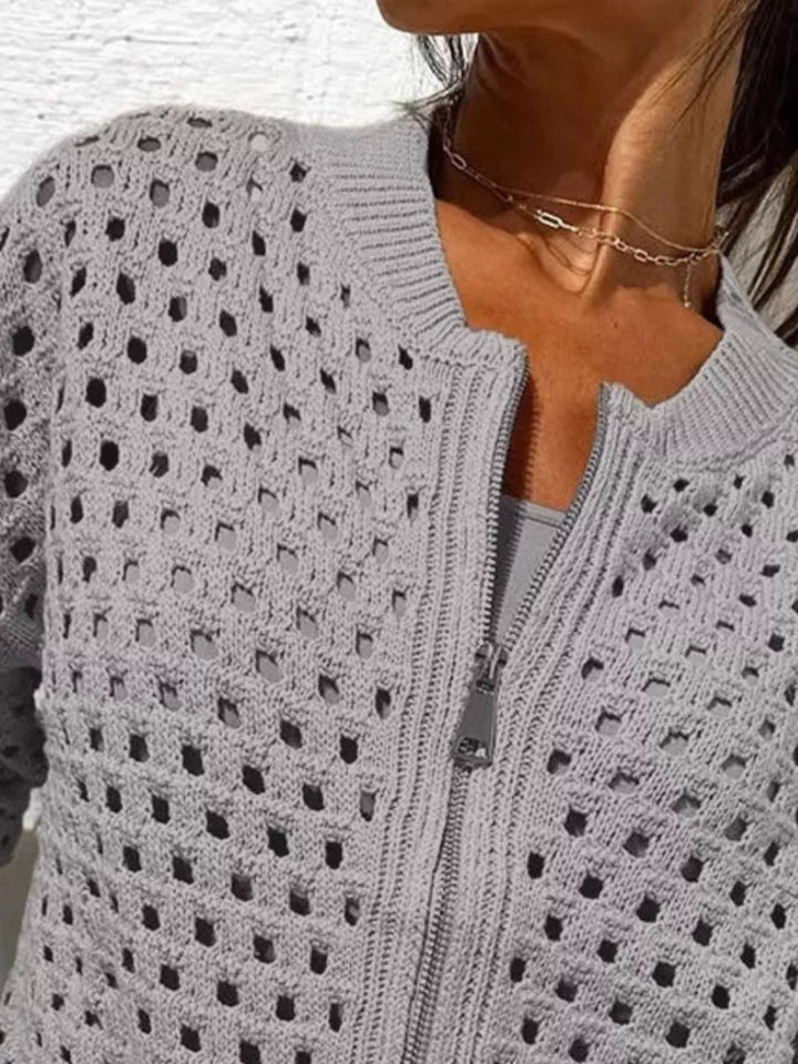 Open-knit zip-up bomber cardigan with ribbed trim