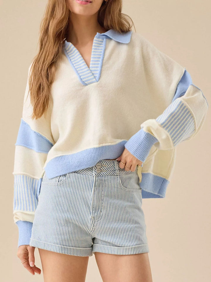 Color-block dropped-shoulder collared knit sweater