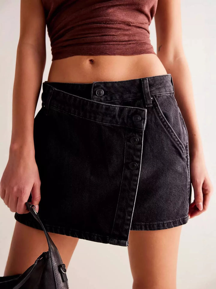 Black Asymmetrical button-front denim mini skirt