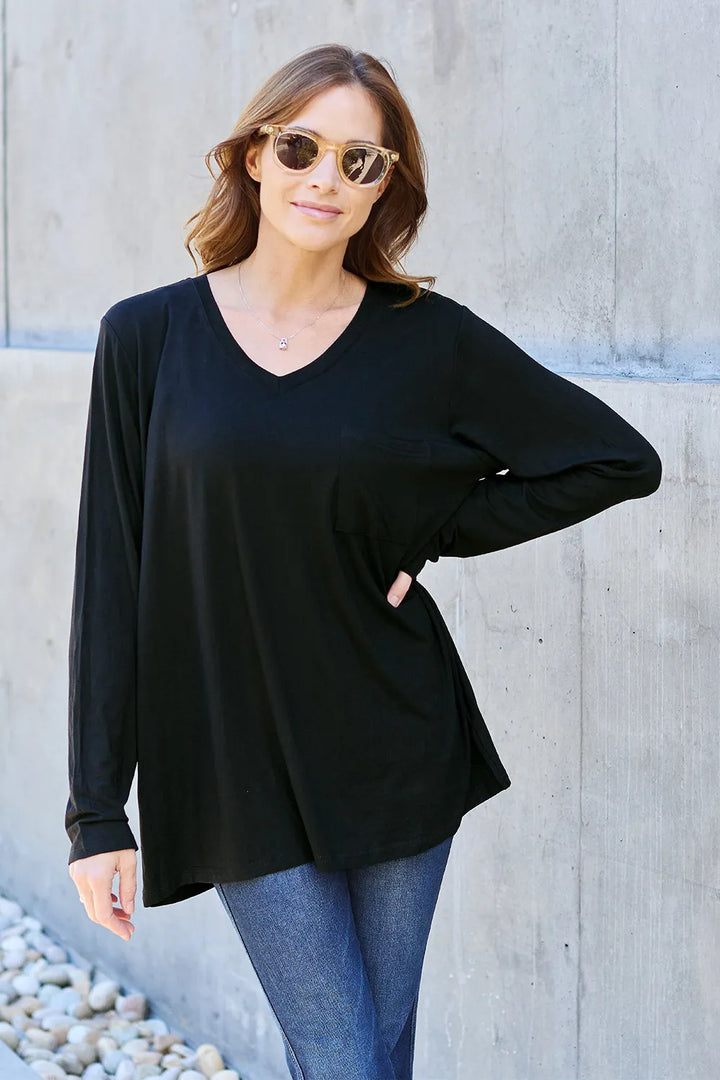 Black V-neck long sleeve top with chest pocket