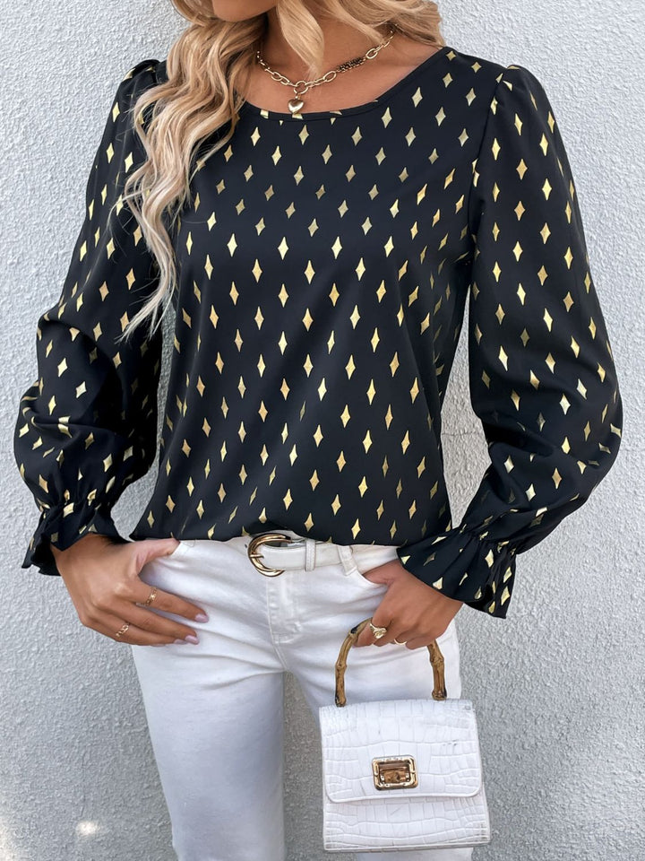 Metallic gold geometric print flounce sleeve blouse